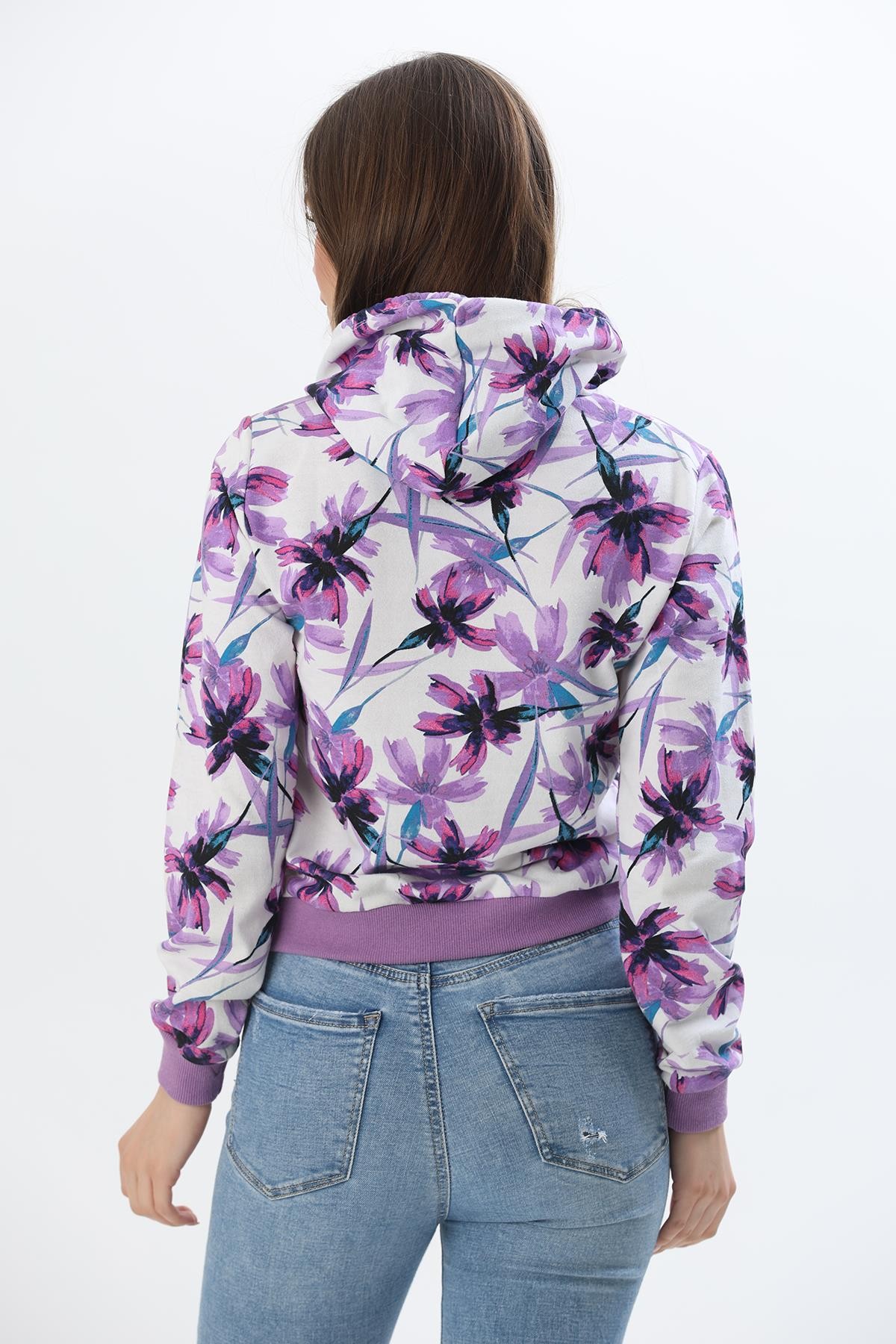 Kapüşonlu Çiçek Desenli İki İplik Sweatshirt Lila