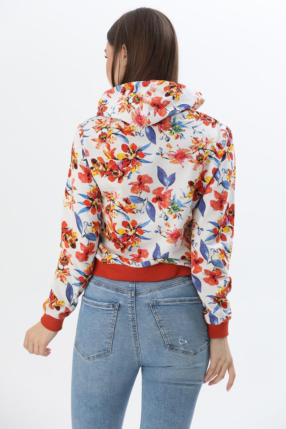 Kapüşonlu Çiçek Desenli İki İplik Sweatshirt Turuncu