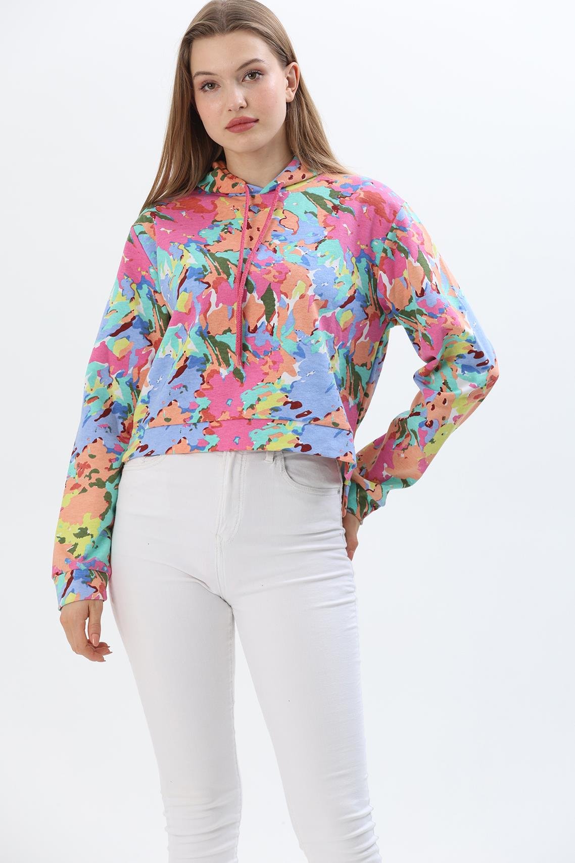 Kapüşonlu Çiçek Desenli İki İplik Sweatshirt Pembe