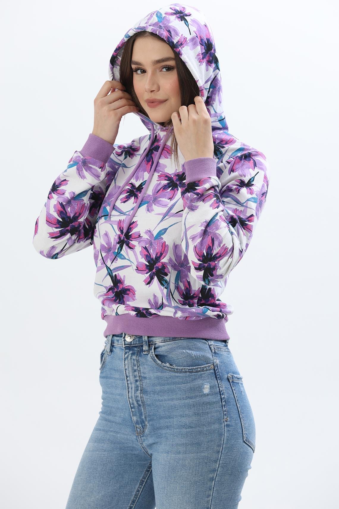 Kapüşonlu Çiçek Desenli İki İplik Sweatshirt Lila