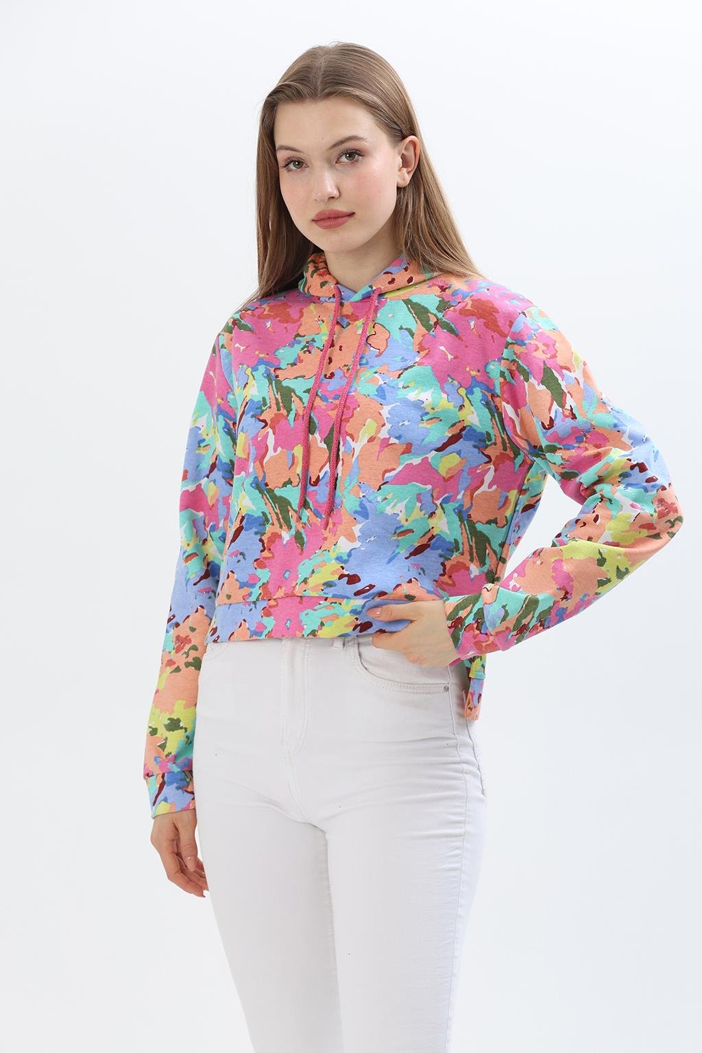 Kapüşonlu Çiçek Desenli İki İplik Sweatshirt Pembe