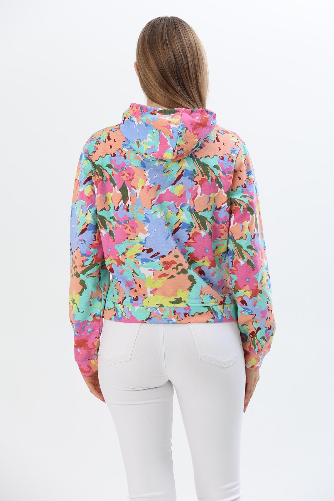 Kapüşonlu Çiçek Desenli İki İplik Sweatshirt Pembe