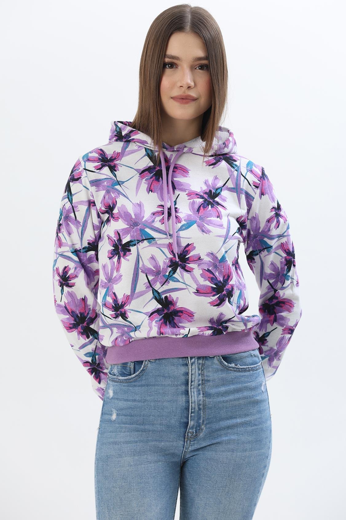 Kapüşonlu Çiçek Desenli İki İplik Sweatshirt Lila