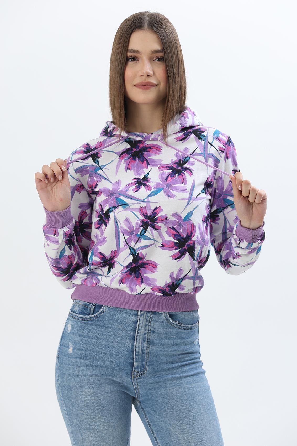 Kapüşonlu Çiçek Desenli İki İplik Sweatshirt Lila