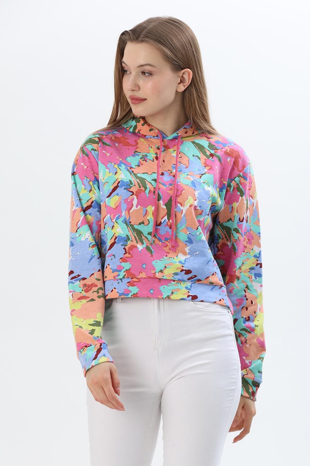 Kapüşonlu Çiçek Desenli İki İplik Sweatshirt Pembe