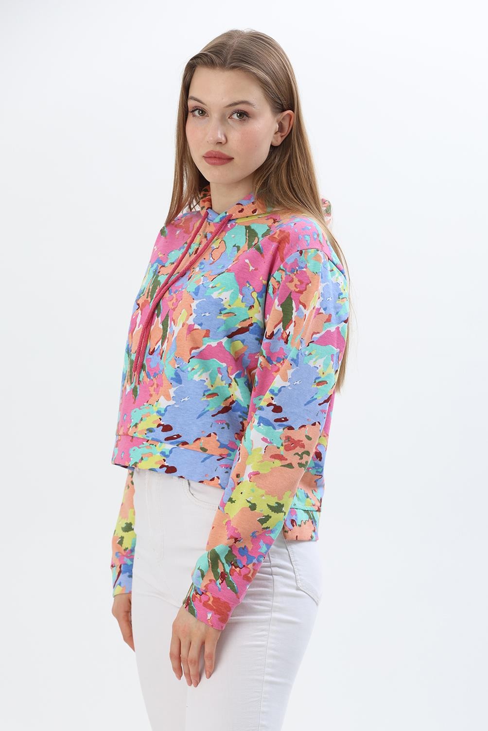 Kapüşonlu Çiçek Desenli İki İplik Sweatshirt Pembe