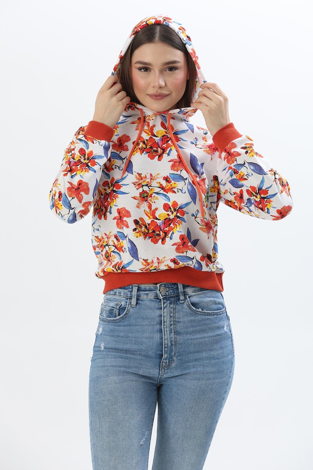Kapüşonlu Çiçek Desenli İki İplik Sweatshirt Turuncu