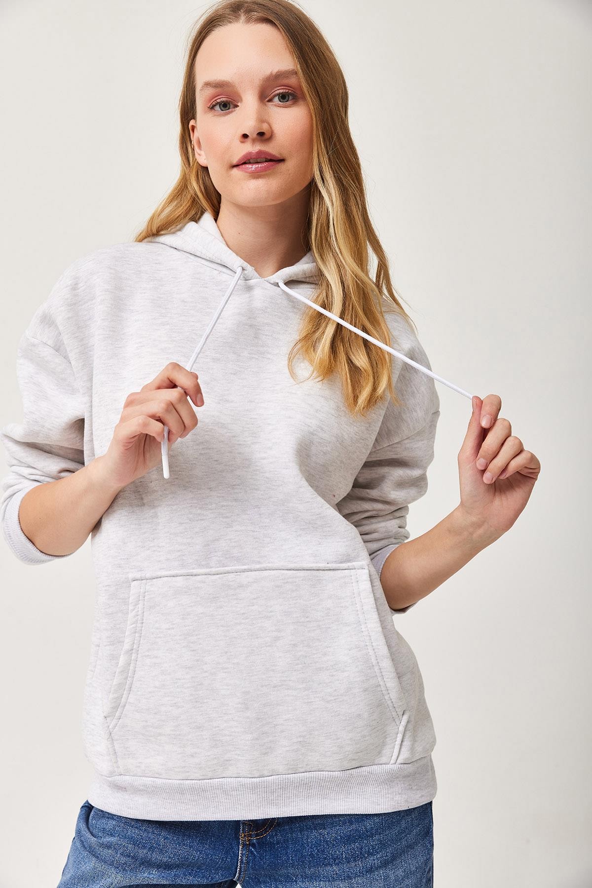 Kapüşonlu Kangurlu cepli Oversize Şardonlu Sweatshirt Gri