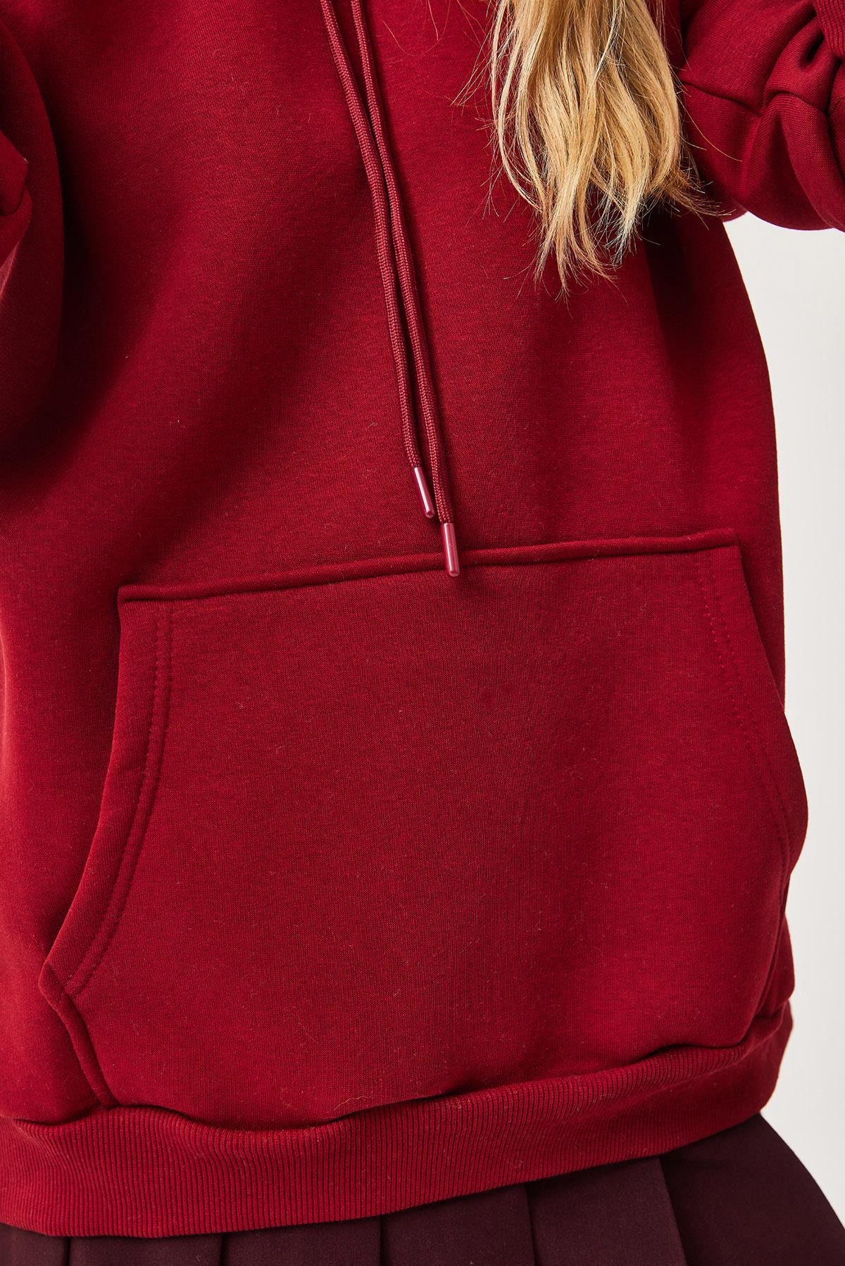 Kapüşonlu Kangurlu cepli Oversize Şardonlu Sweatshirt Bordo