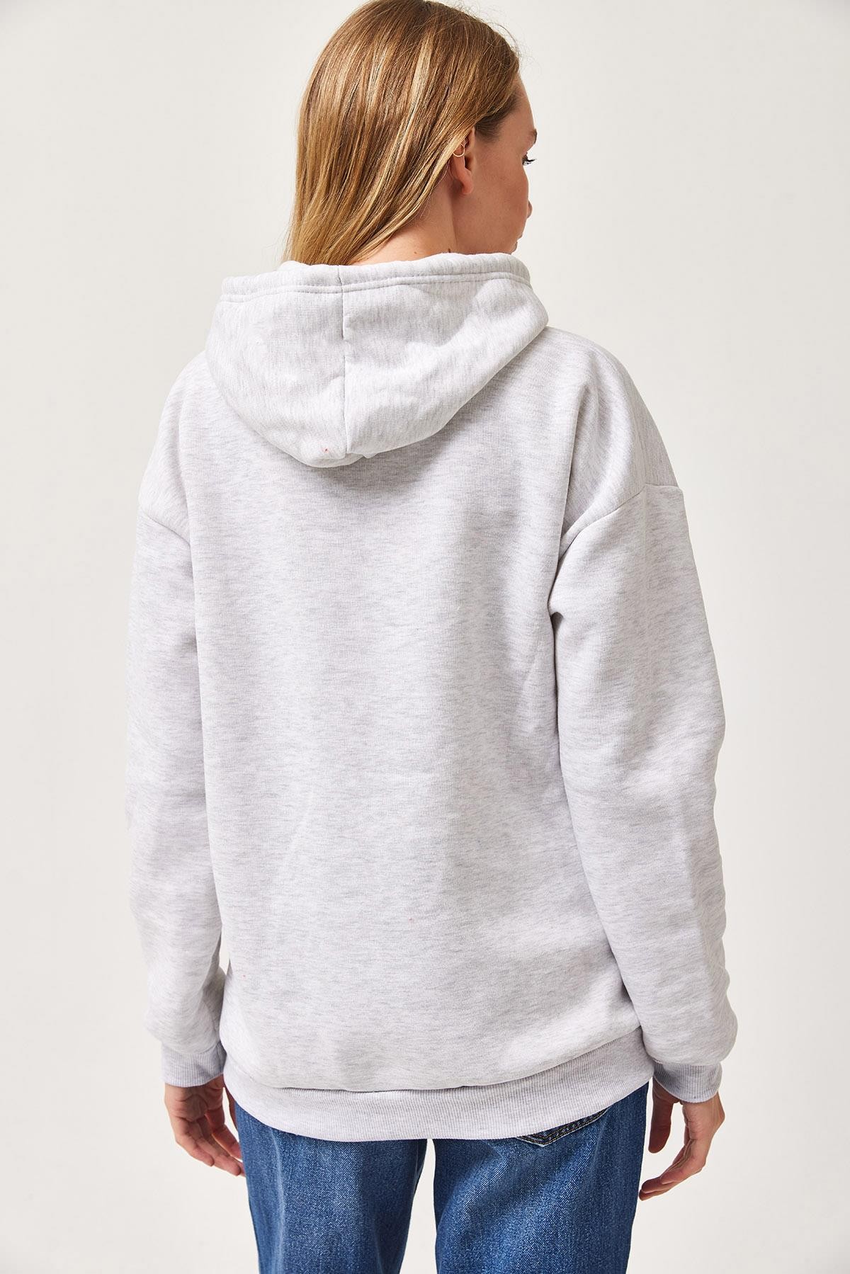 Kapüşonlu Kangurlu cepli Oversize Şardonlu Sweatshirt Gri