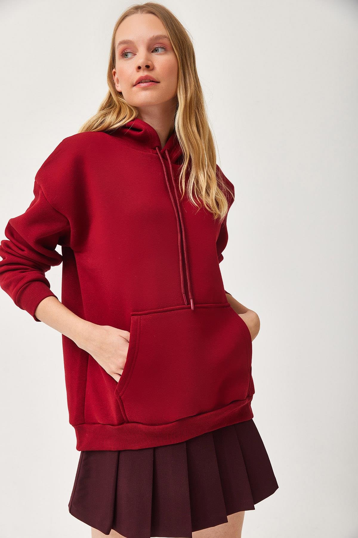 Kapüşonlu Kangurlu cepli Oversize Şardonlu Sweatshirt Bordo