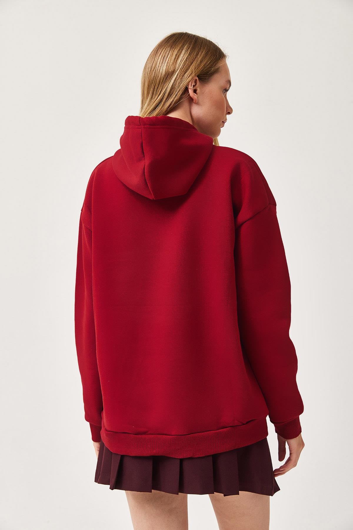 Kapüşonlu Kangurlu cepli Oversize Şardonlu Sweatshirt Bordo