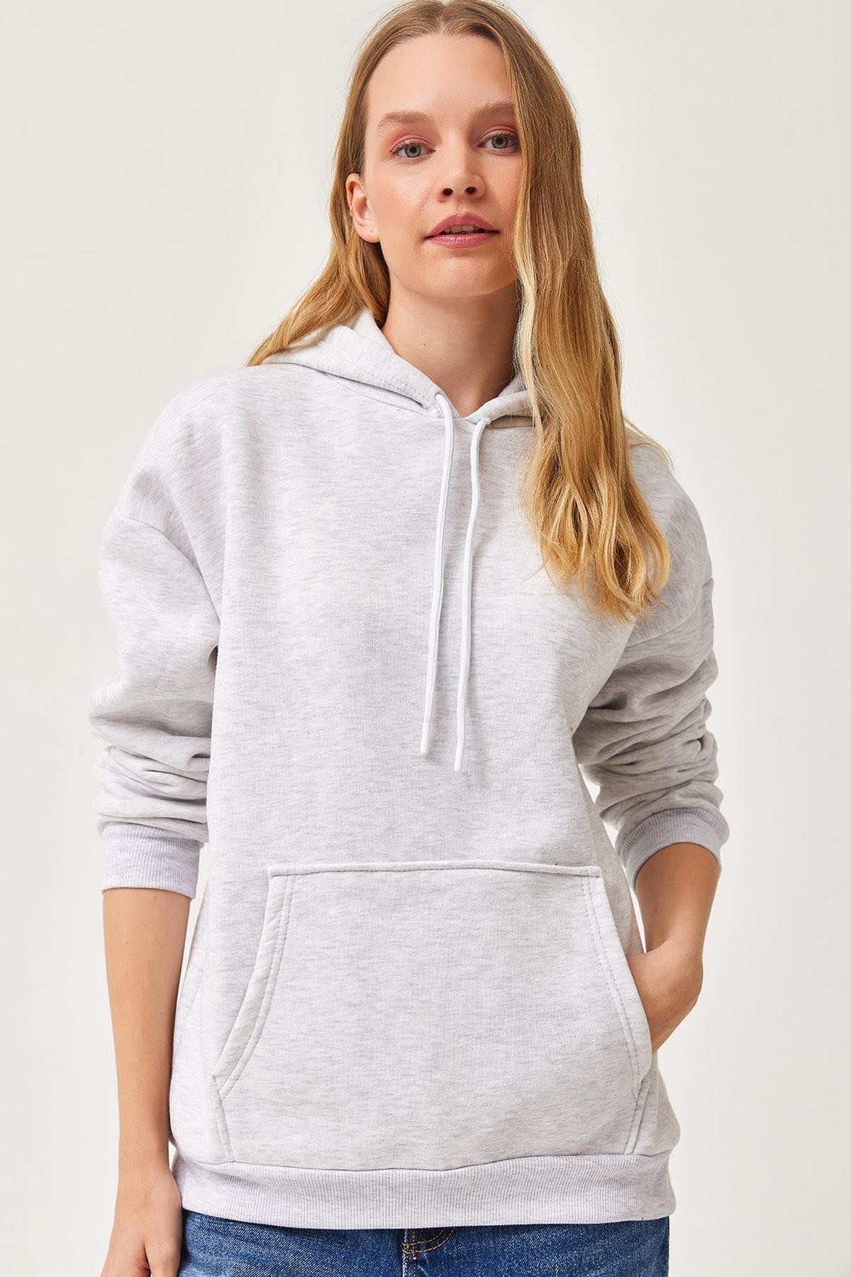 Kapüşonlu Kangurlu cepli Oversize Şardonlu Sweatshirt Gri