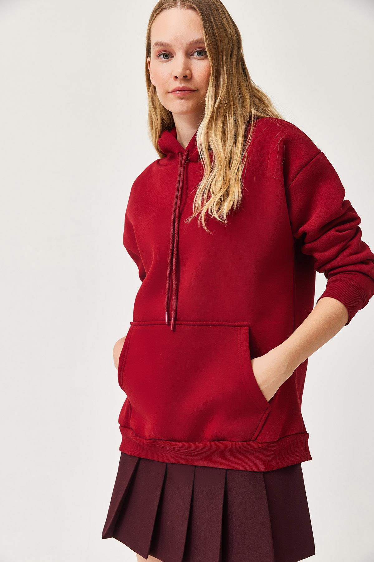 Kapüşonlu Kangurlu cepli Oversize Şardonlu Sweatshirt Bordo