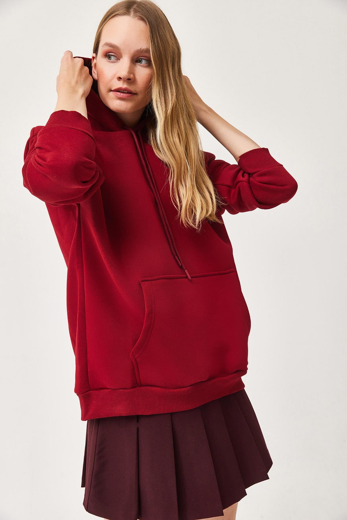 Kapüşonlu Kangurlu cepli Oversize Şardonlu Sweatshirt Bordo