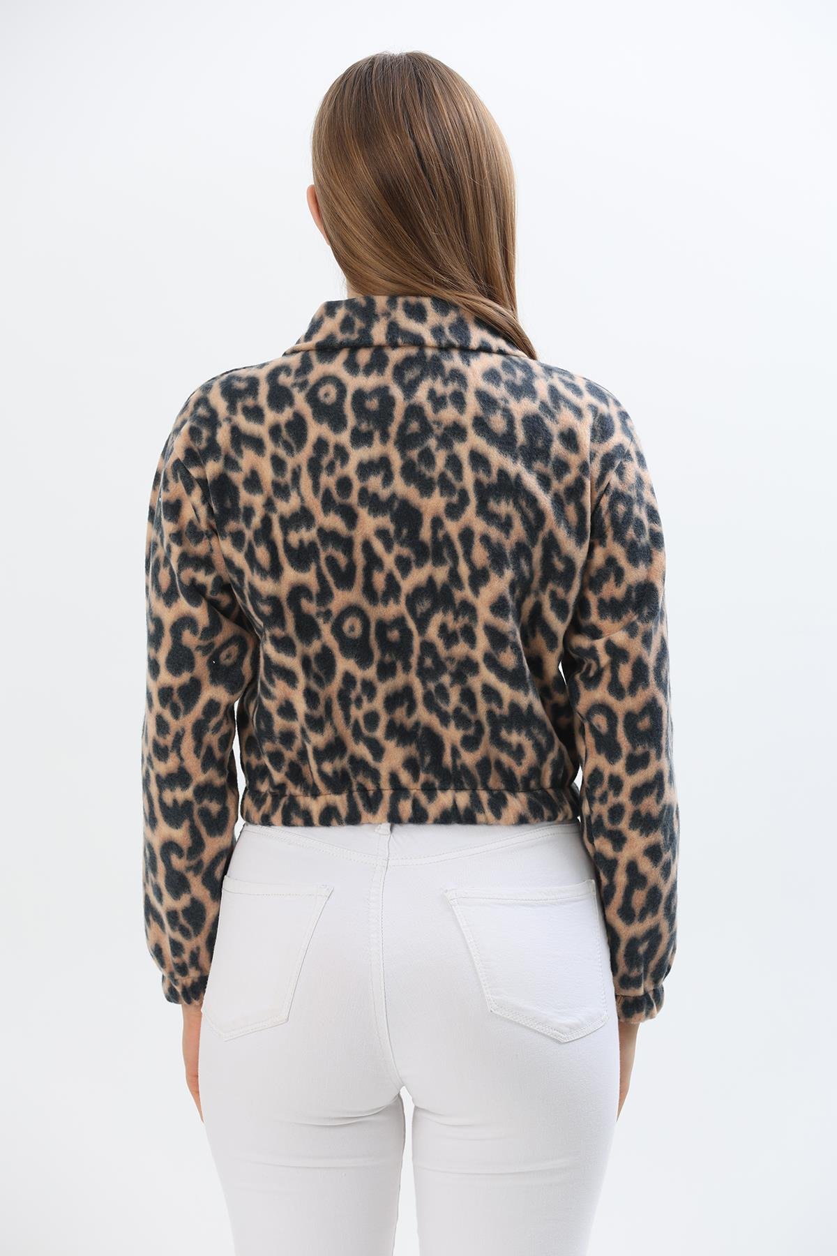 Leopar Desen  Yarım Fermuarlı Polar Sweatshirt