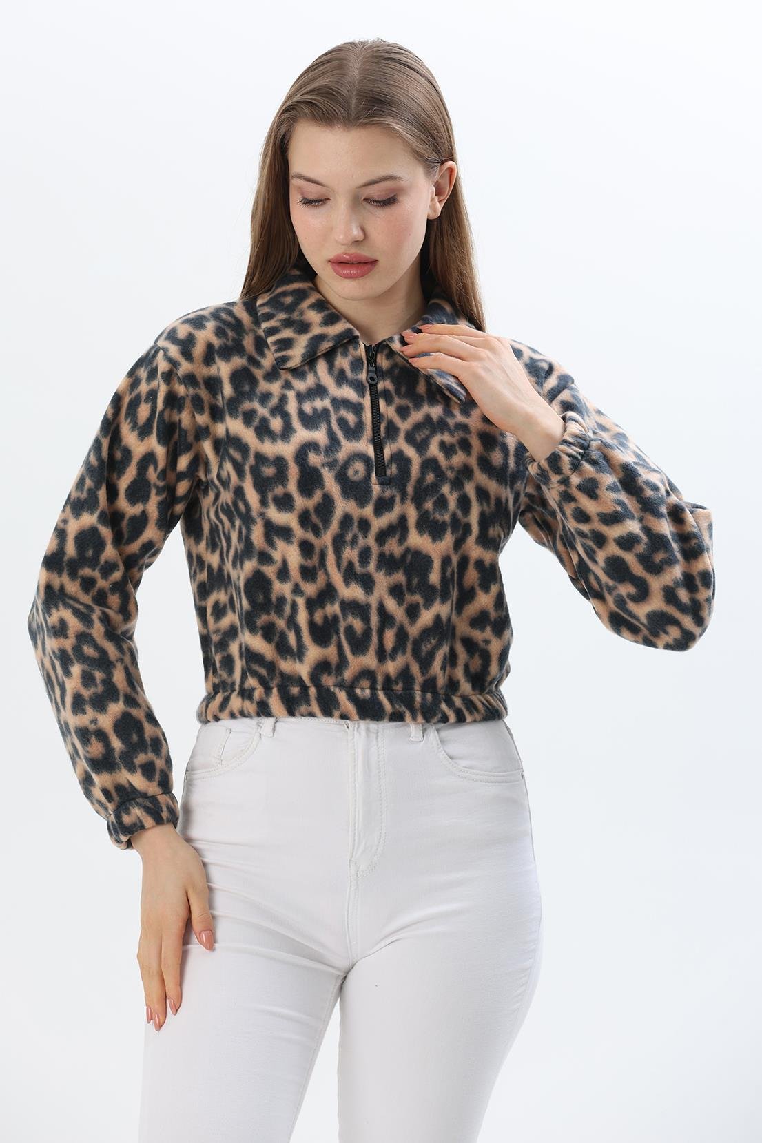Leopar Desen  Yarım Fermuarlı Polar Sweatshirt