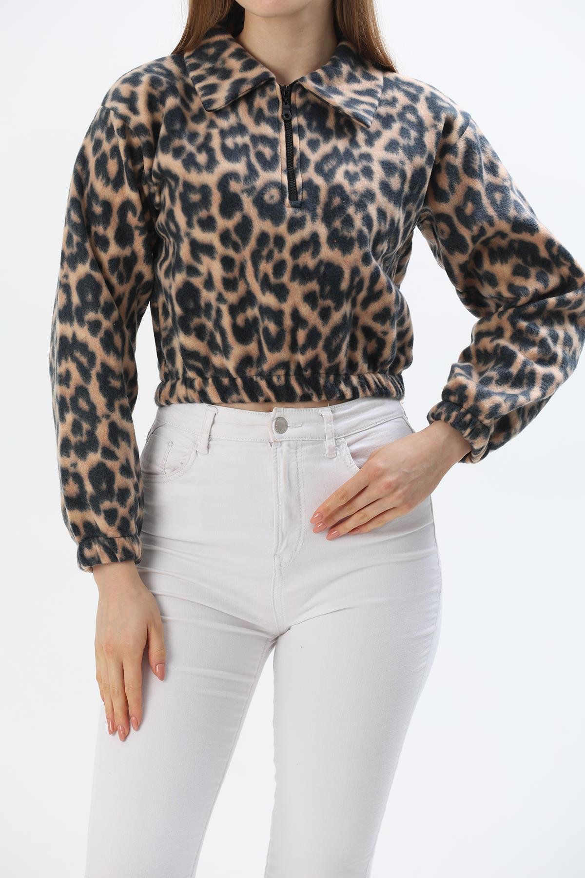 Leopar Desen  Yarım Fermuarlı Polar Sweatshirt