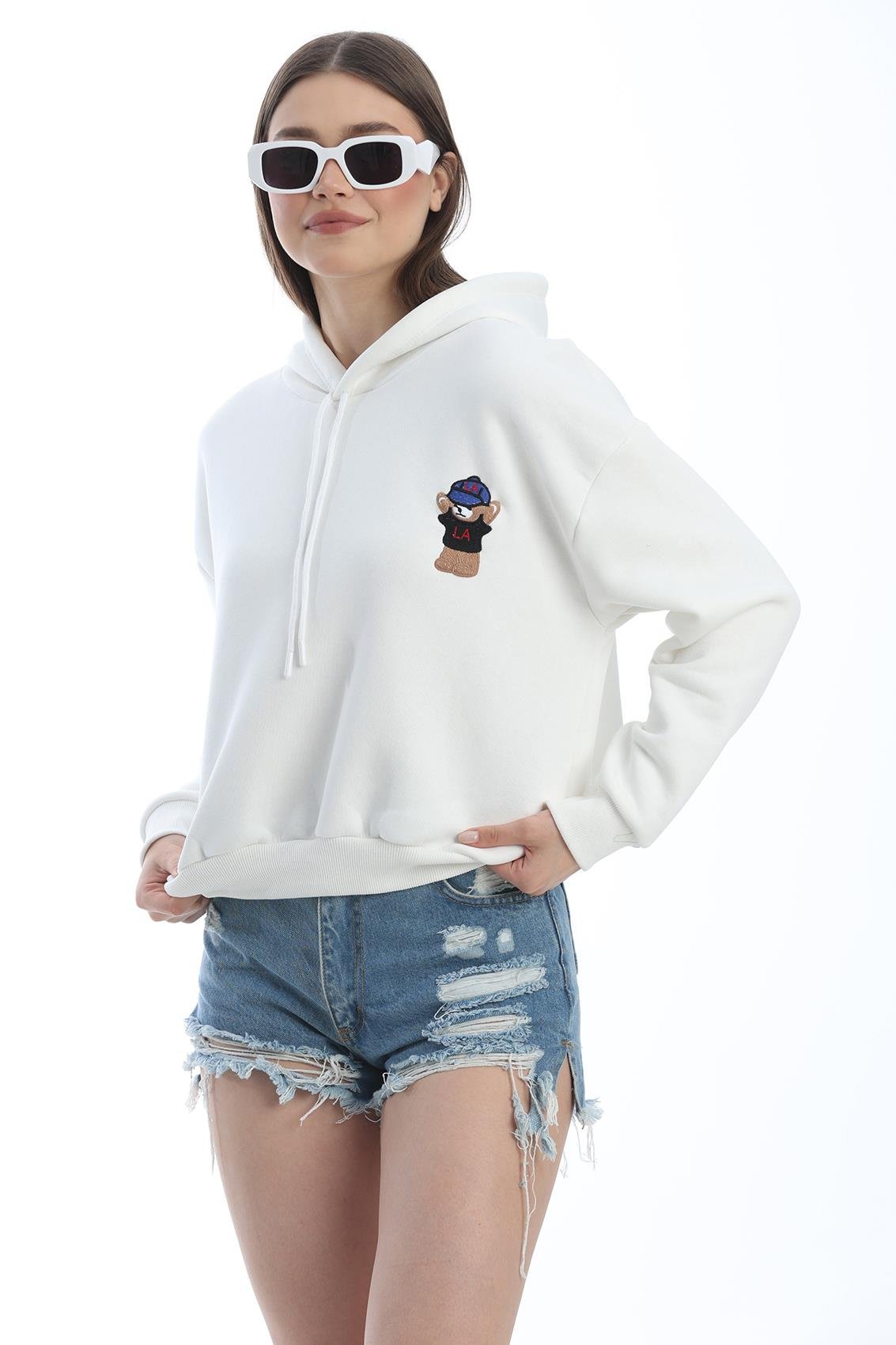 Nakışlı Kapüşonlu Oversize Sweatshirt Beyaz
