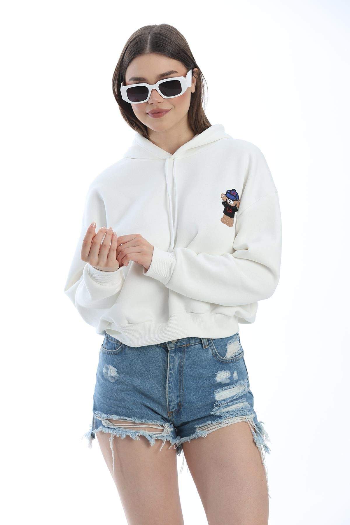 Nakışlı Kapüşonlu Oversize Sweatshirt Beyaz