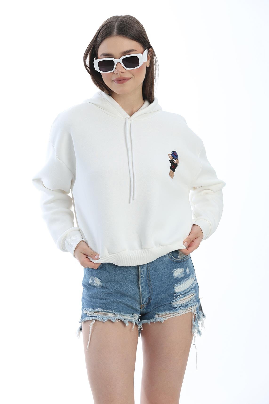 Nakışlı Kapüşonlu Oversize Sweatshirt Beyaz