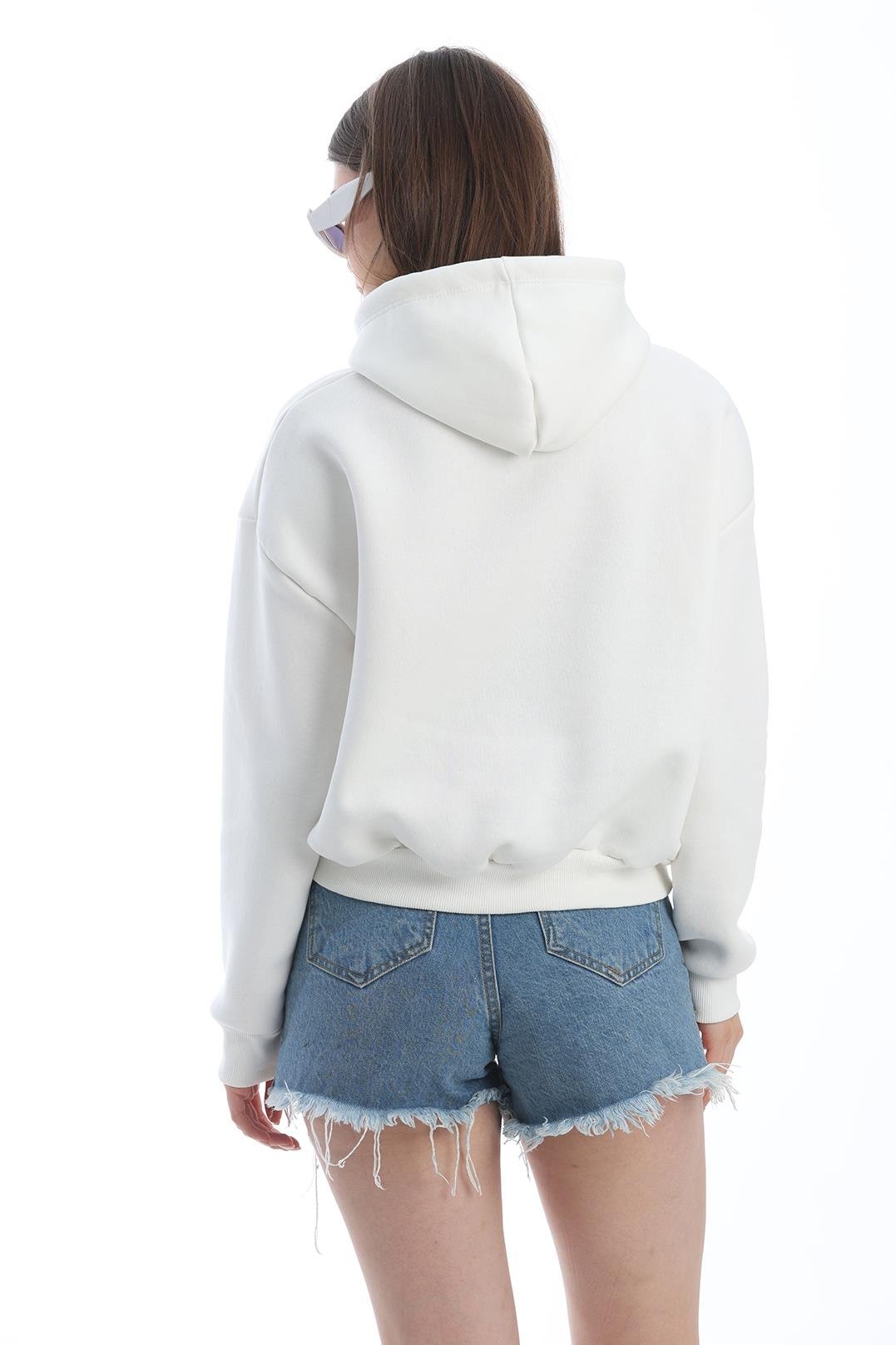 Nakışlı Kapüşonlu Oversize Sweatshirt Beyaz