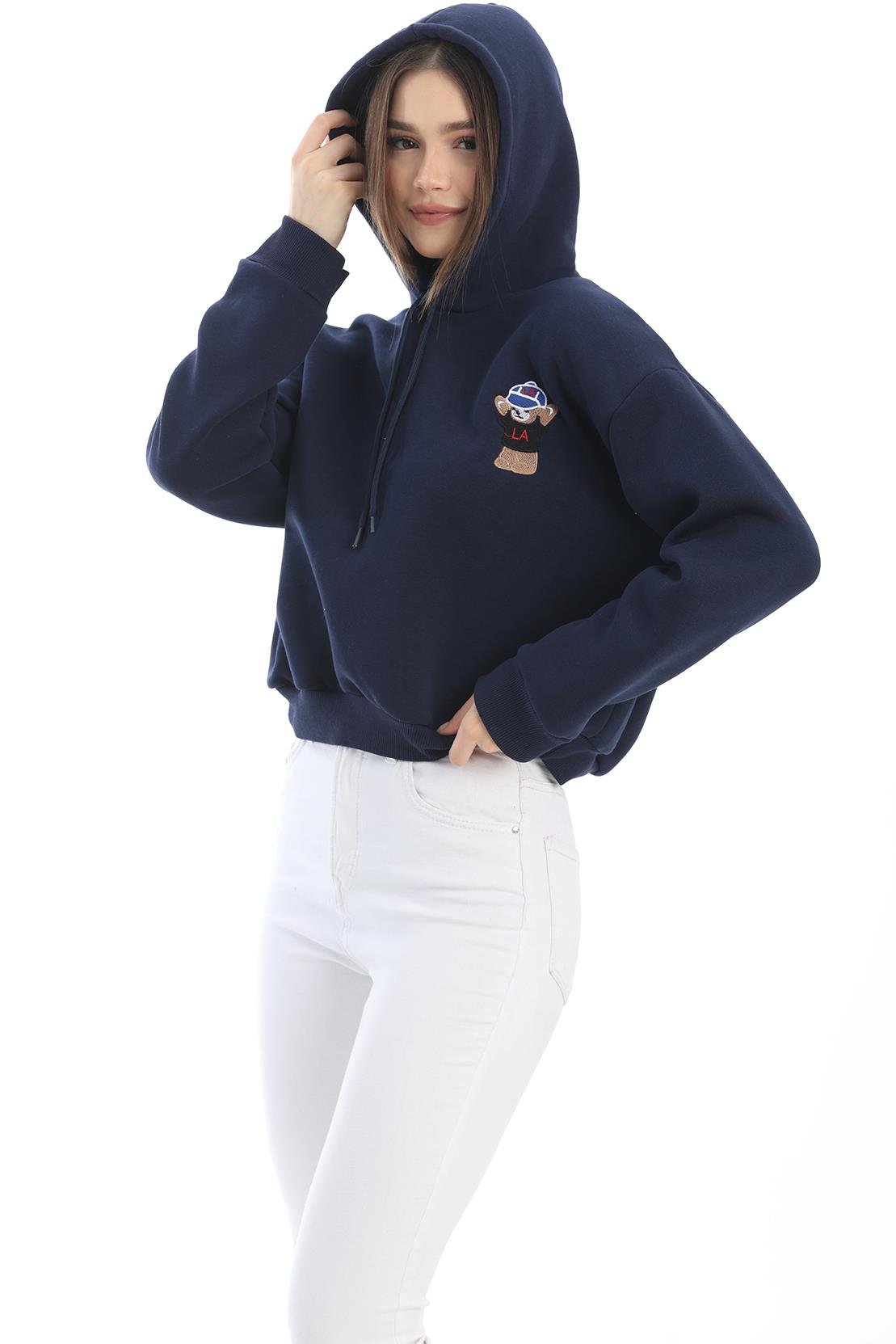 Nakışlı Kapüşonlu Oversize Sweatshirt Lacivert