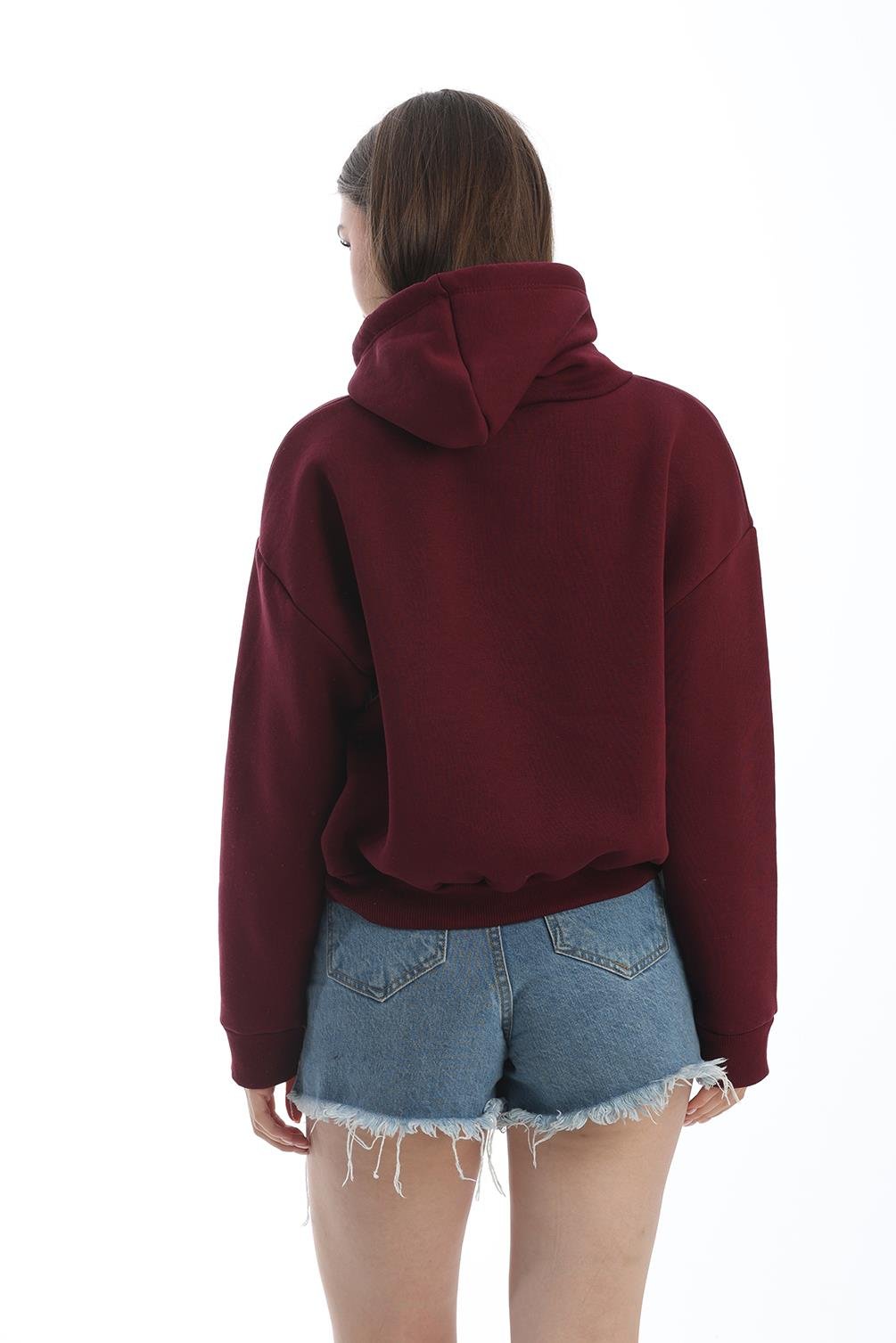 Nakışlı Kapüşonlu Oversize Sweatshirt Bordo