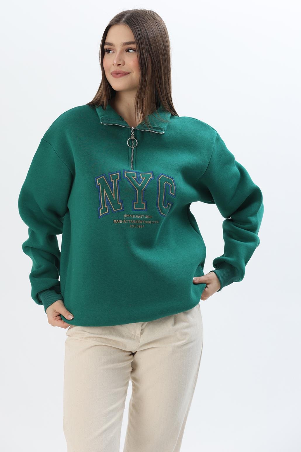 Nyc Nakışlı Fermuar Detaylı Dik Yaka Oversize Sweatshirt Yeşil