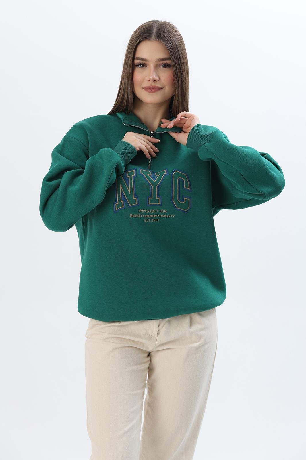 Nyc Nakışlı Fermuar Detaylı Dik Yaka Oversize Sweatshirt Yeşil