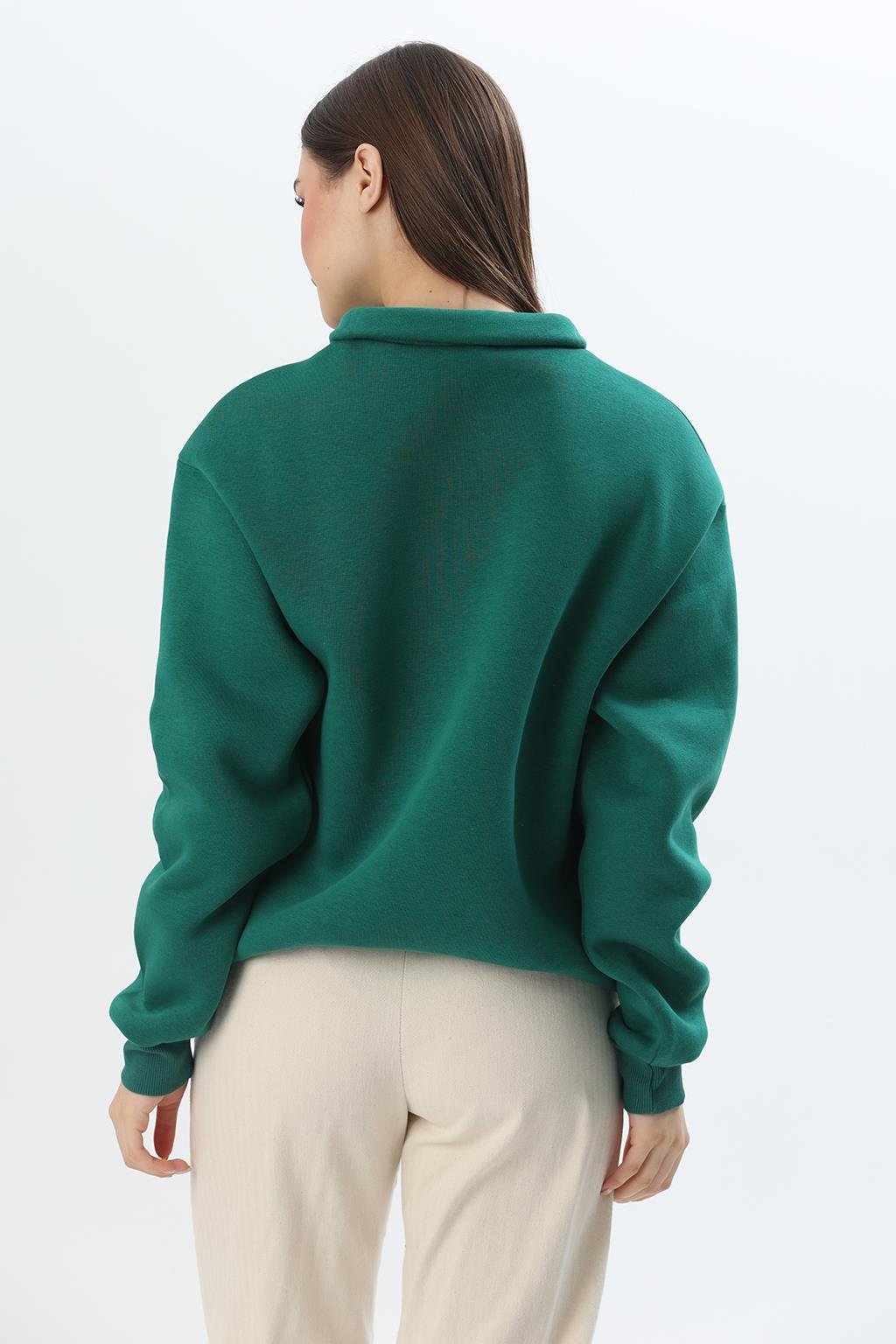 Nyc Nakışlı Fermuar Detaylı Dik Yaka Oversize Sweatshirt Yeşil