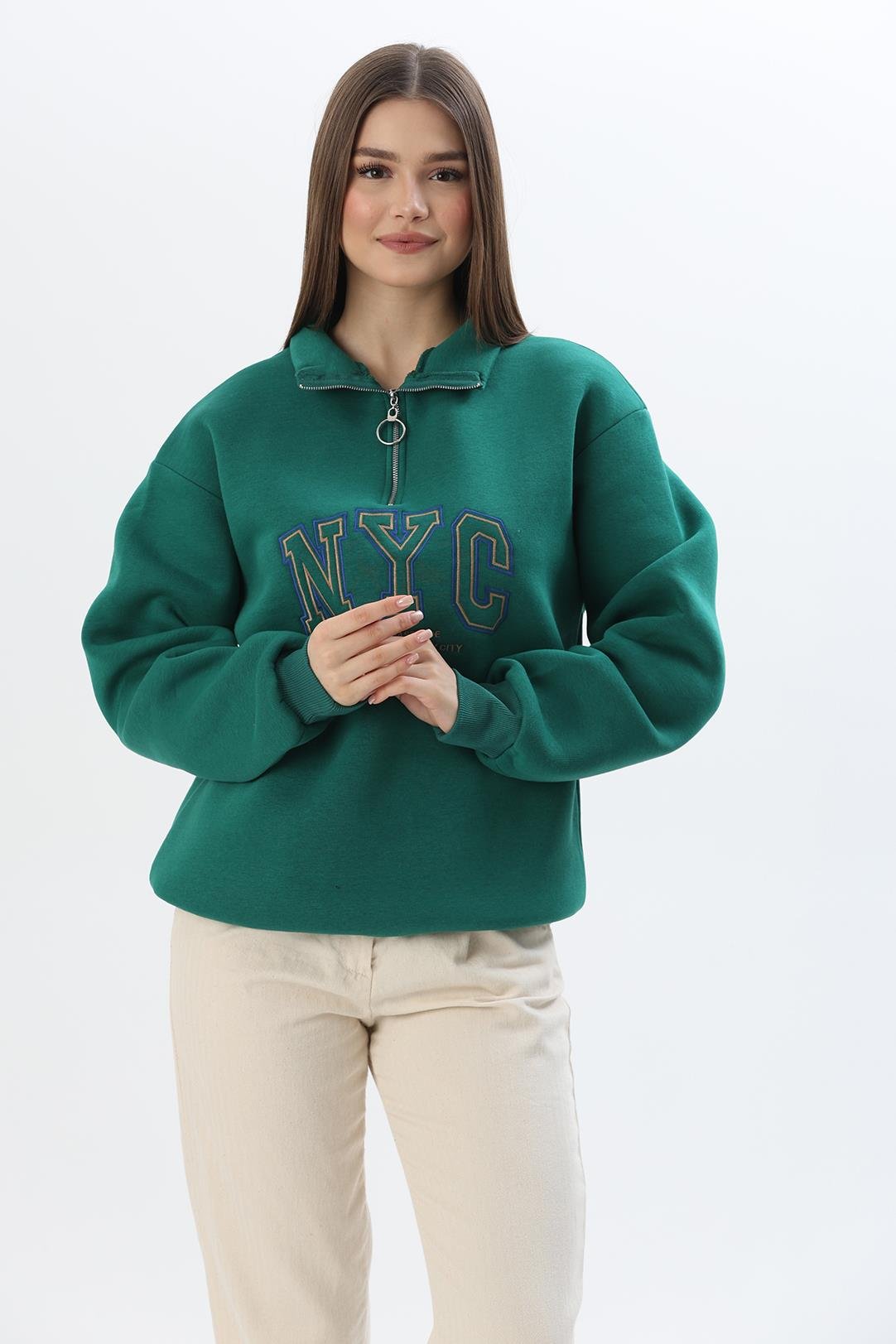 Nyc Nakışlı Fermuar Detaylı Dik Yaka Oversize Sweatshirt Yeşil