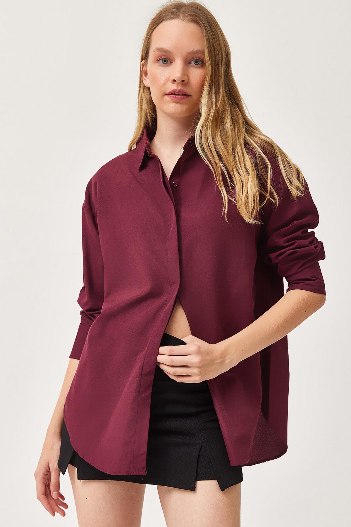 Oversize Basic Gömlek Bordo