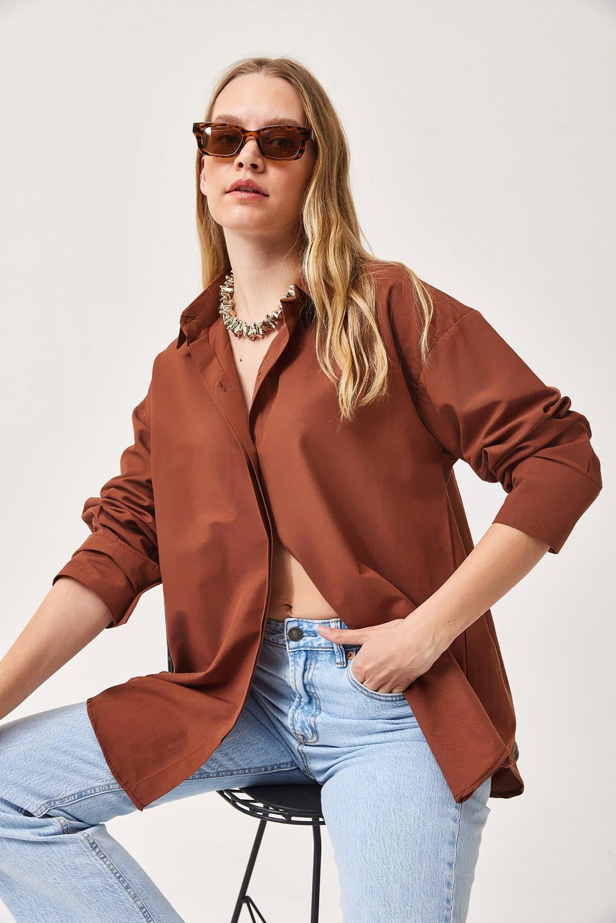 Oversize Basic Gömlek Kahve