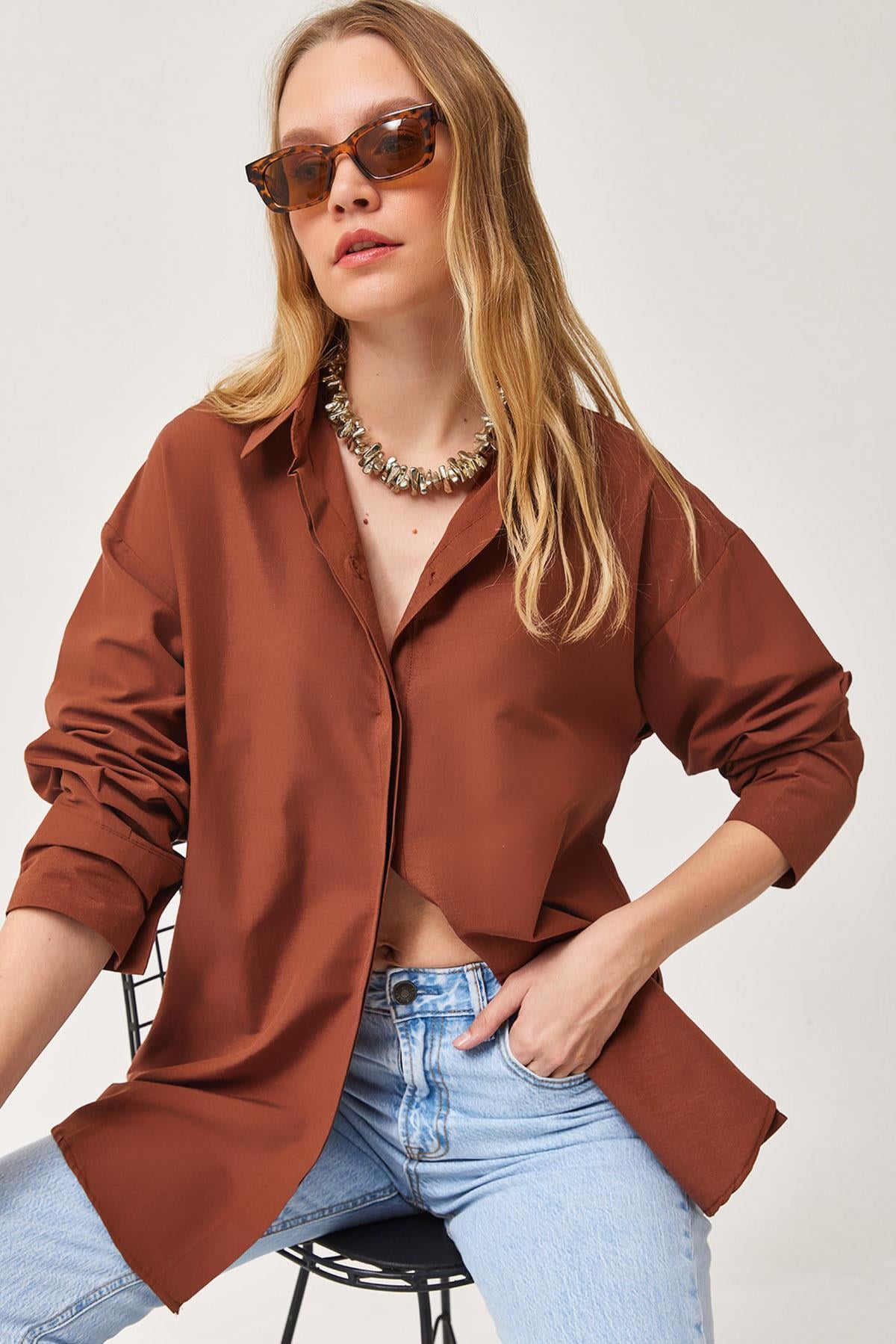 Oversize Basic Gömlek Kahve