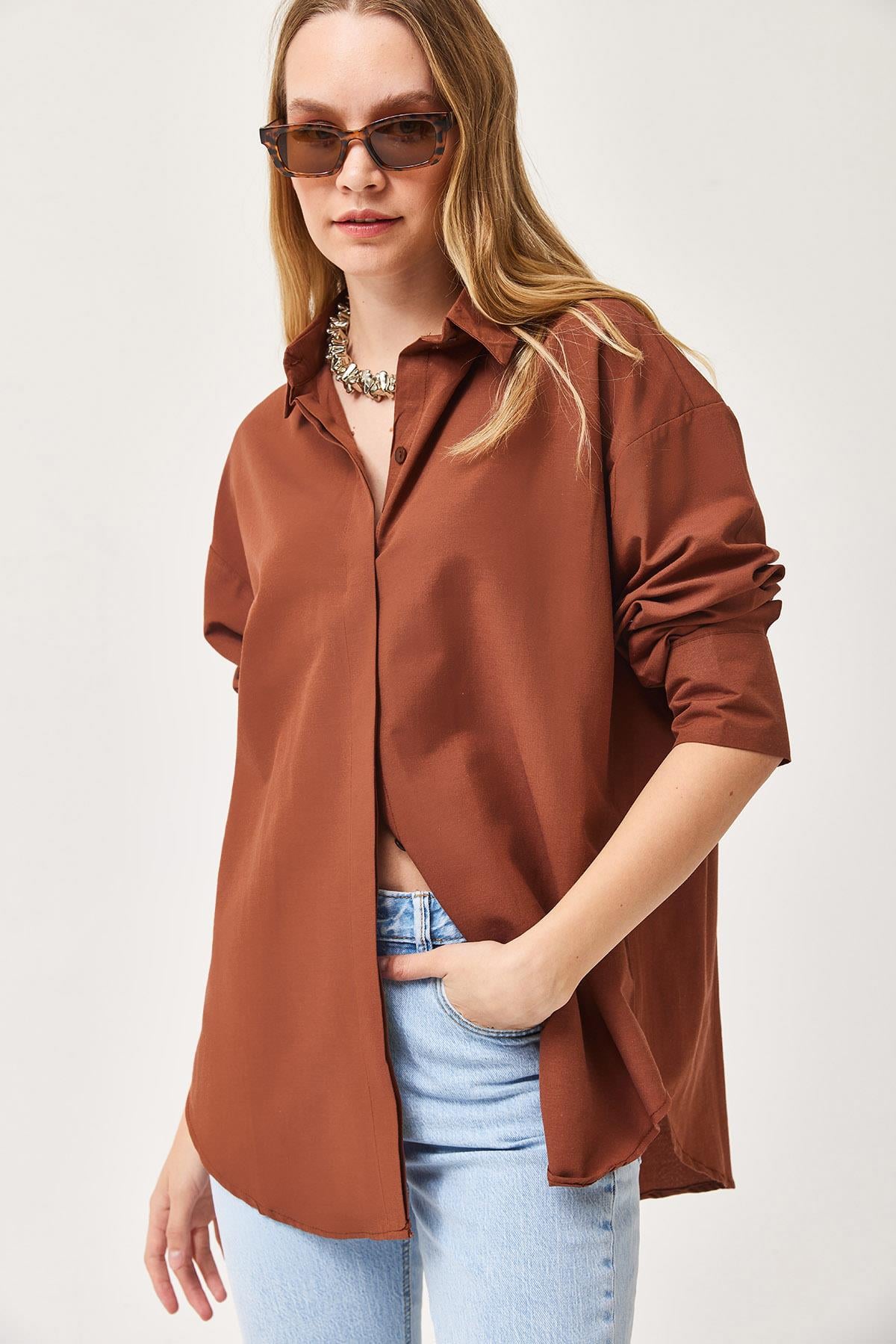 Oversize Basic Gömlek Kahve