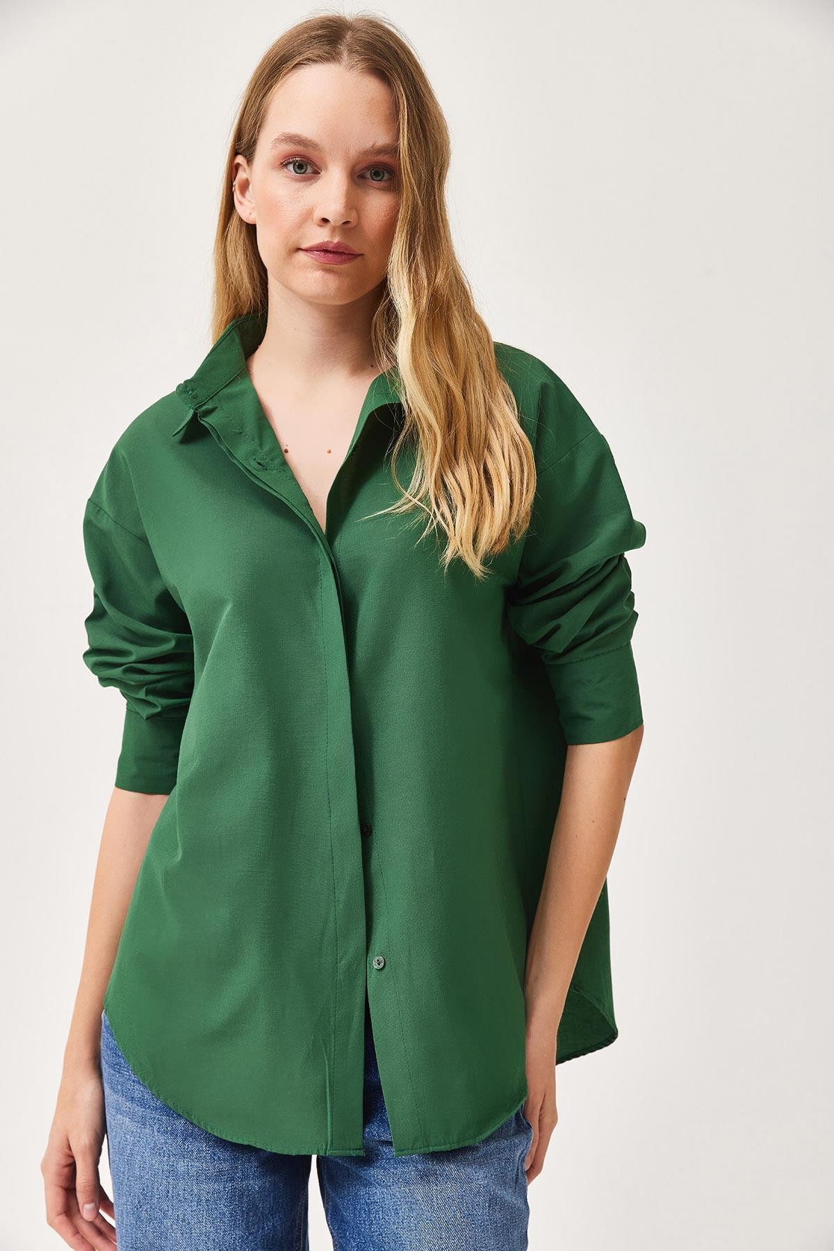 Oversize Basic Gömlek Koyu Yeşil