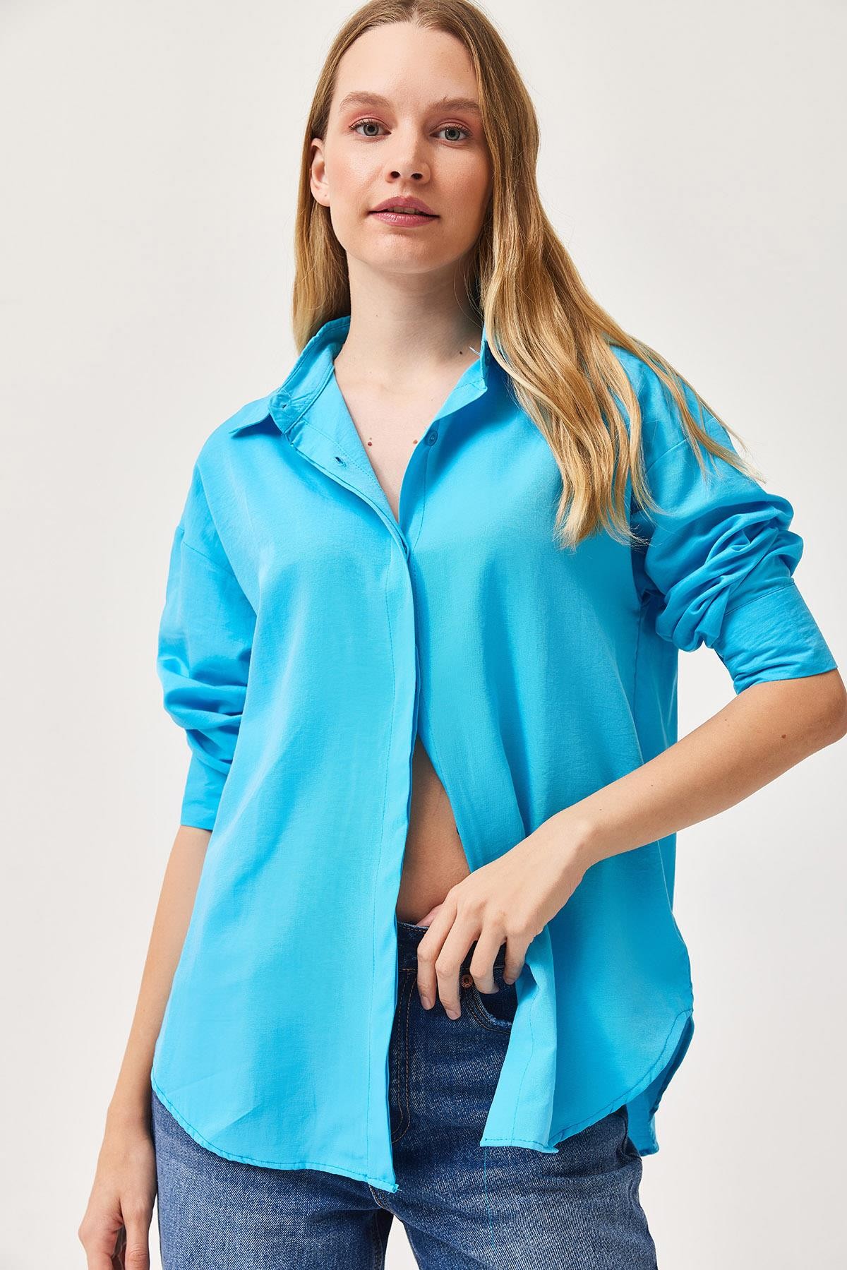 Oversize Basic Gömlek Mavi