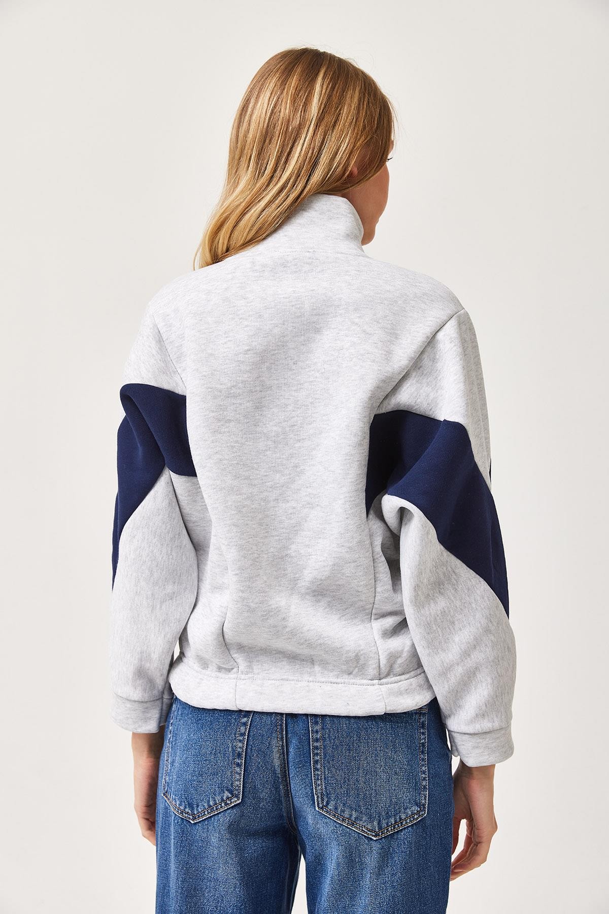 Oversize Fermuar Detaylı Garnili Sweatshirt Gri