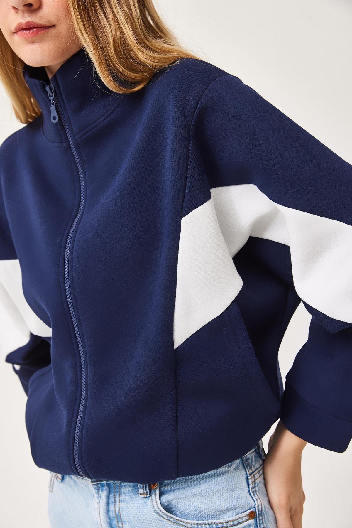 Oversize Fermuar Detaylı Garnili Sweatshirt Lacivert