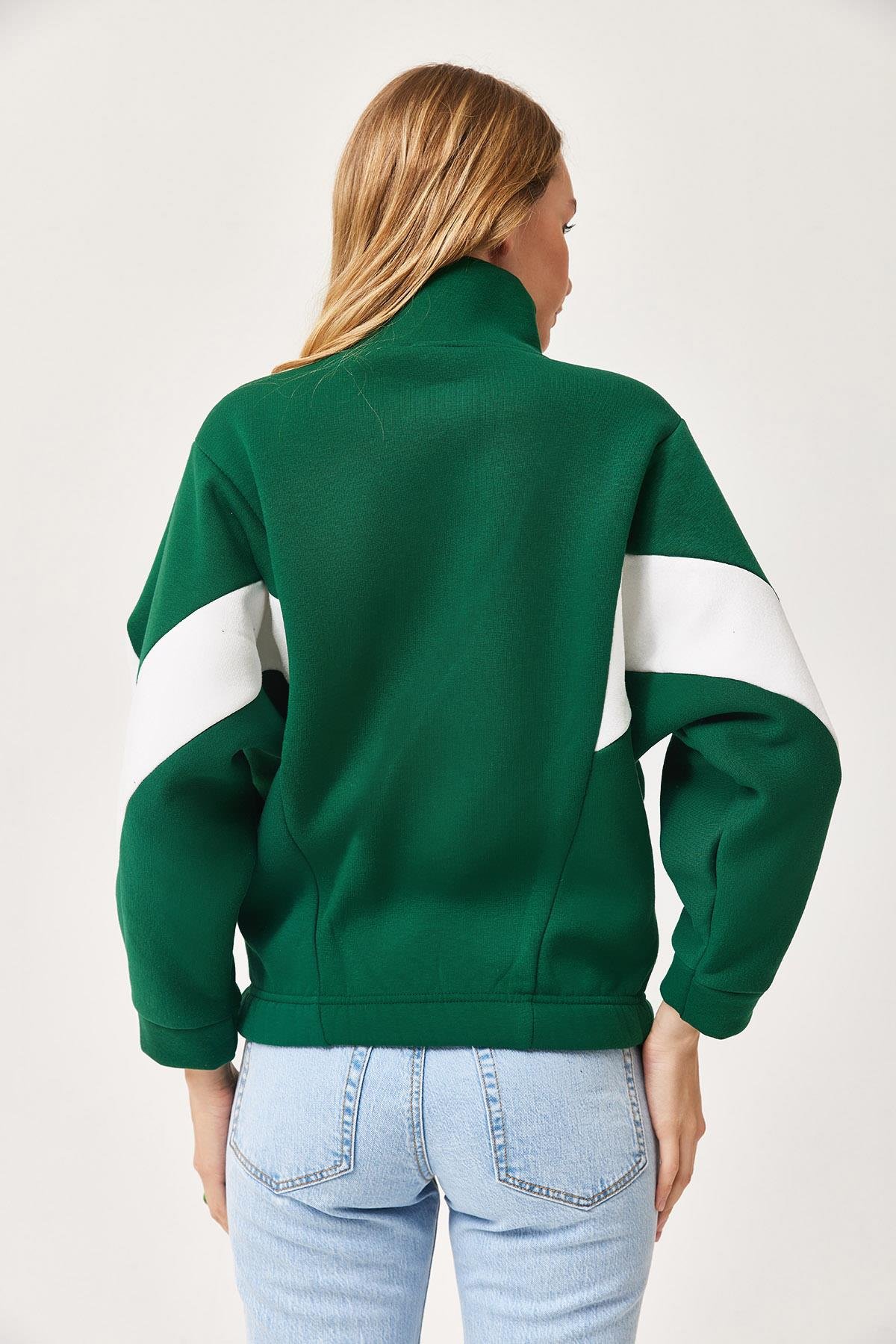 Oversize Fermuar Detaylı Garnili Sweatshirt Yeşil