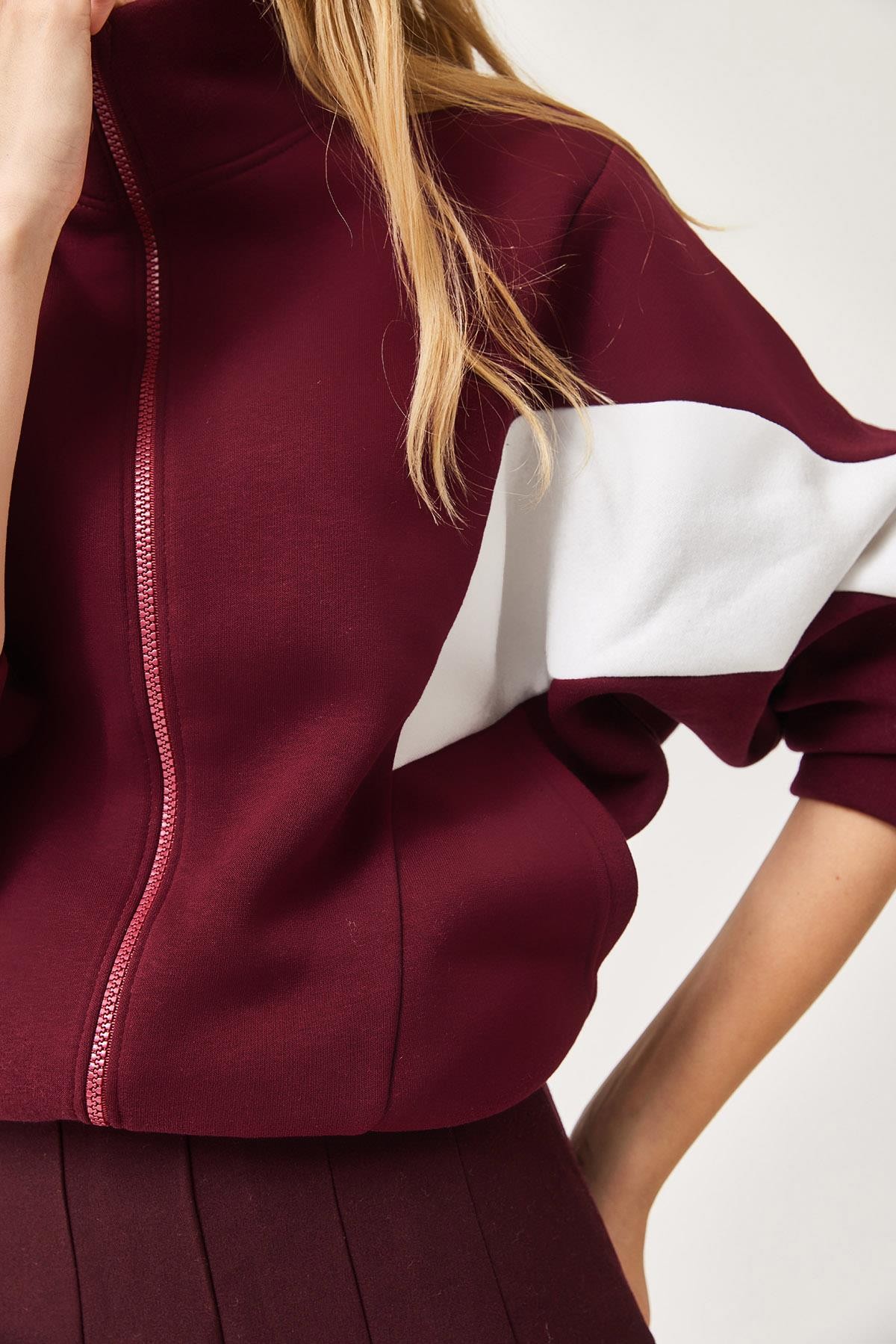 Oversize Fermuar Detaylı Garnili Sweatshirt Bordo