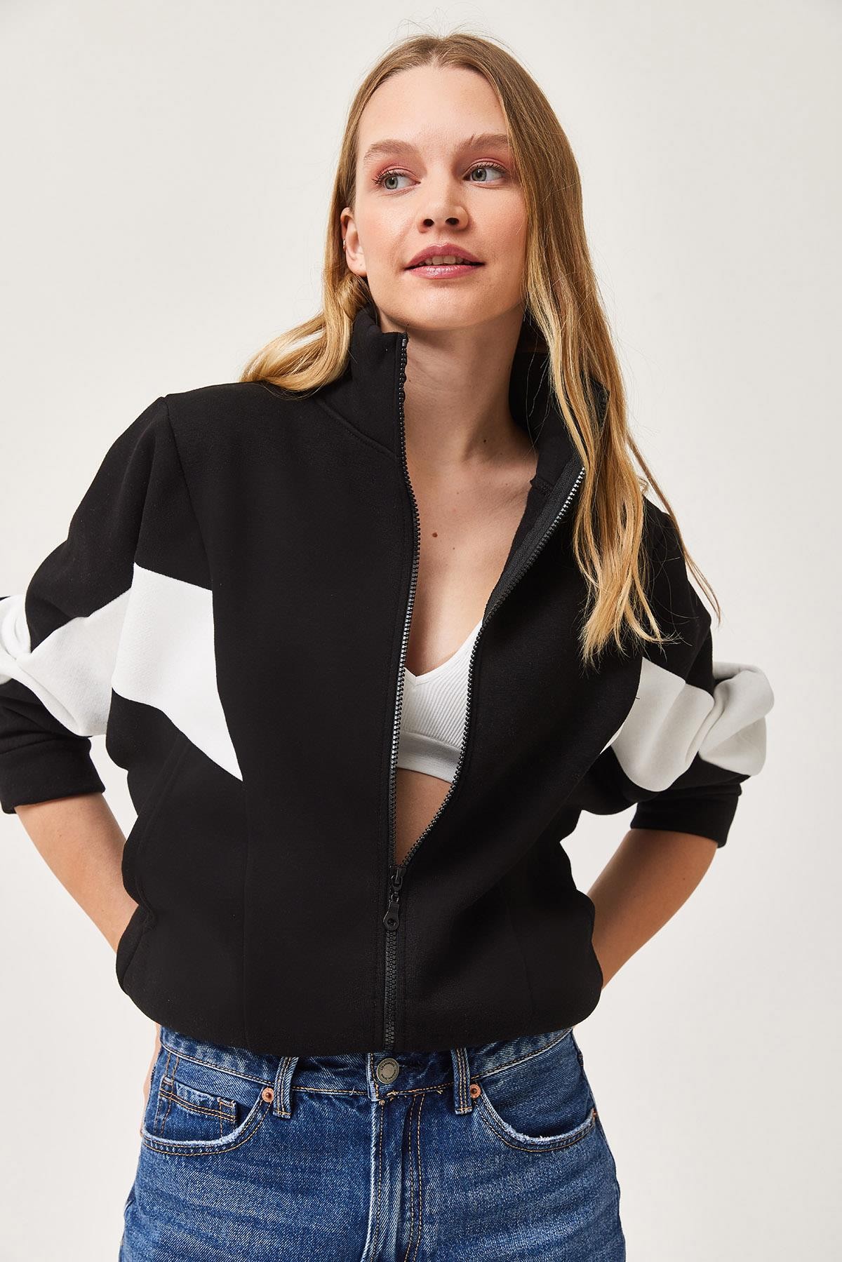 Oversize Fermuar Detaylı Garnili Sweatshirt Siyah