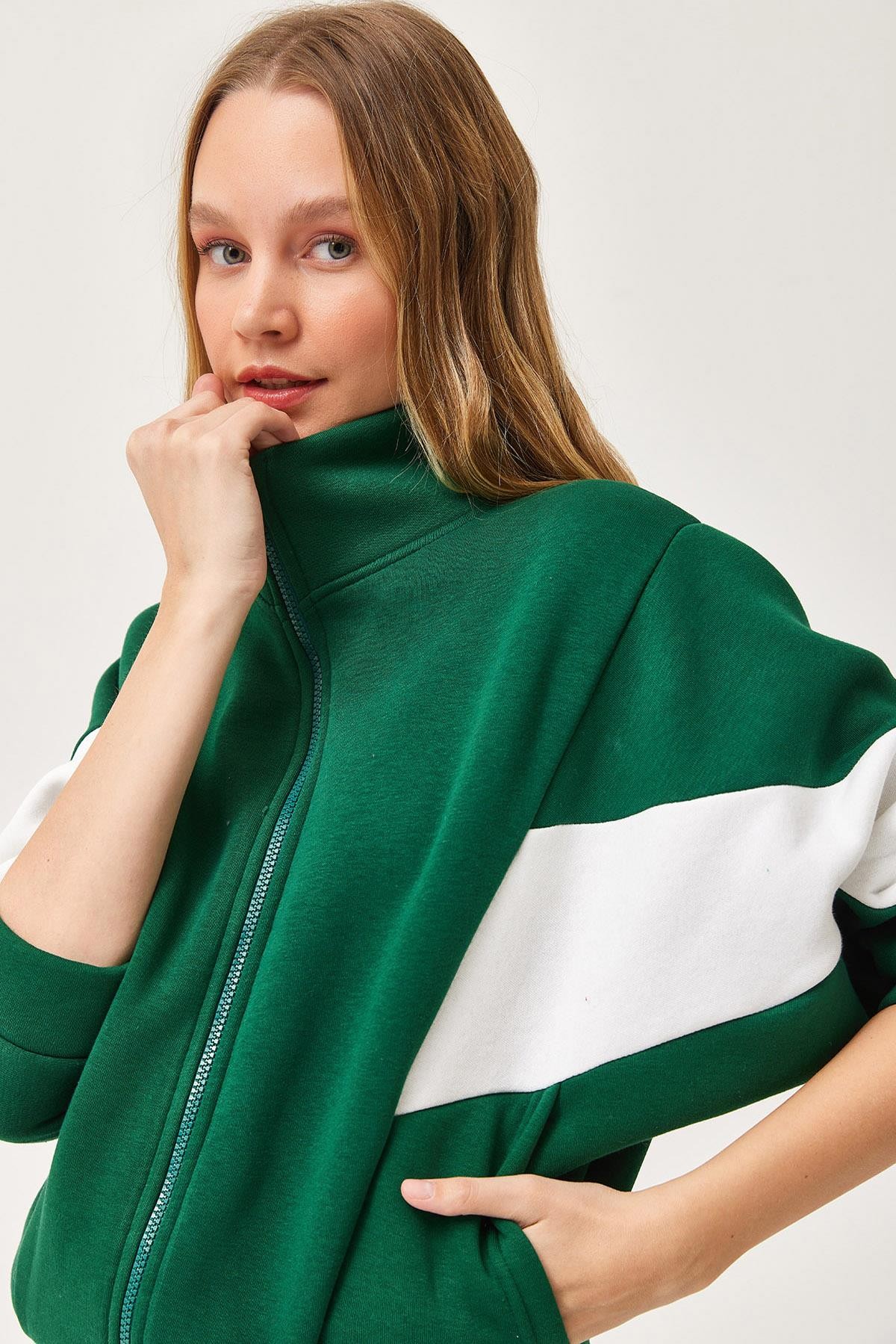 Oversize Fermuar Detaylı Garnili Sweatshirt Yeşil