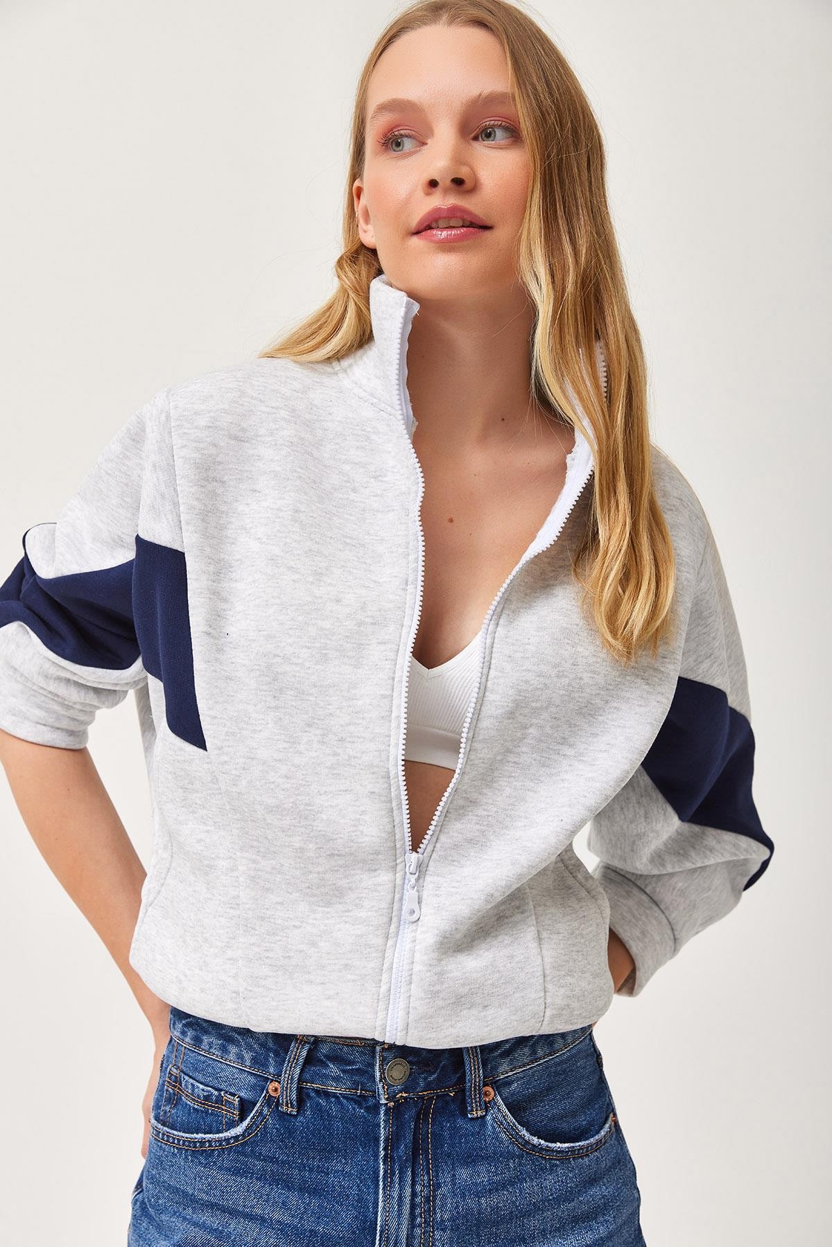 Oversize Fermuar Detaylı Garnili Sweatshirt Gri