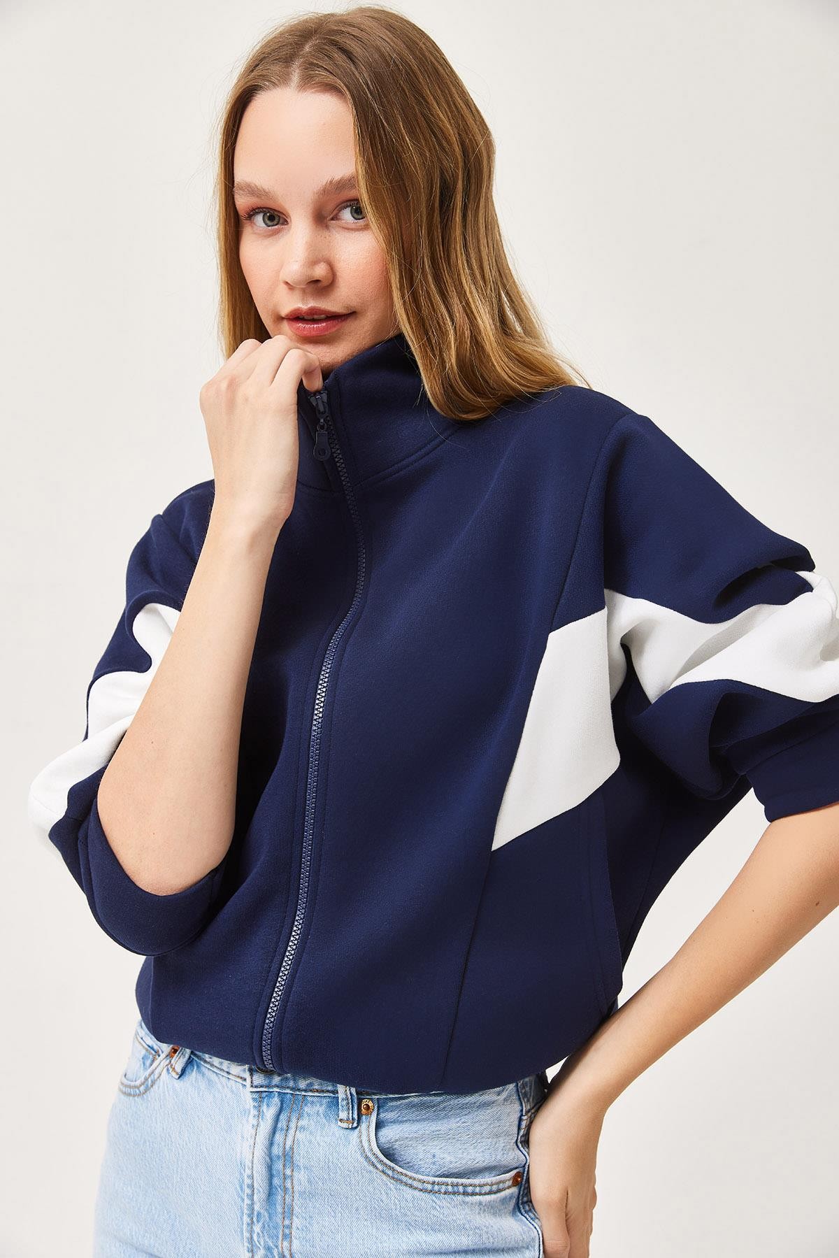 Oversize Fermuar Detaylı Garnili Sweatshirt Lacivert