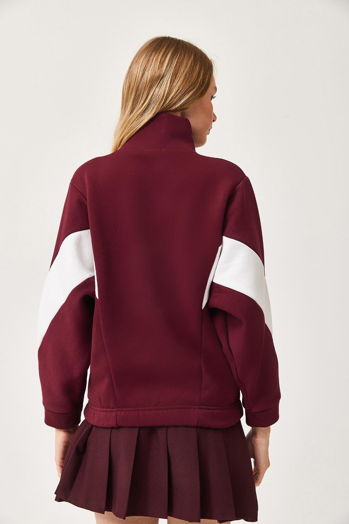 Oversize Fermuar Detaylı Garnili Sweatshirt Bordo