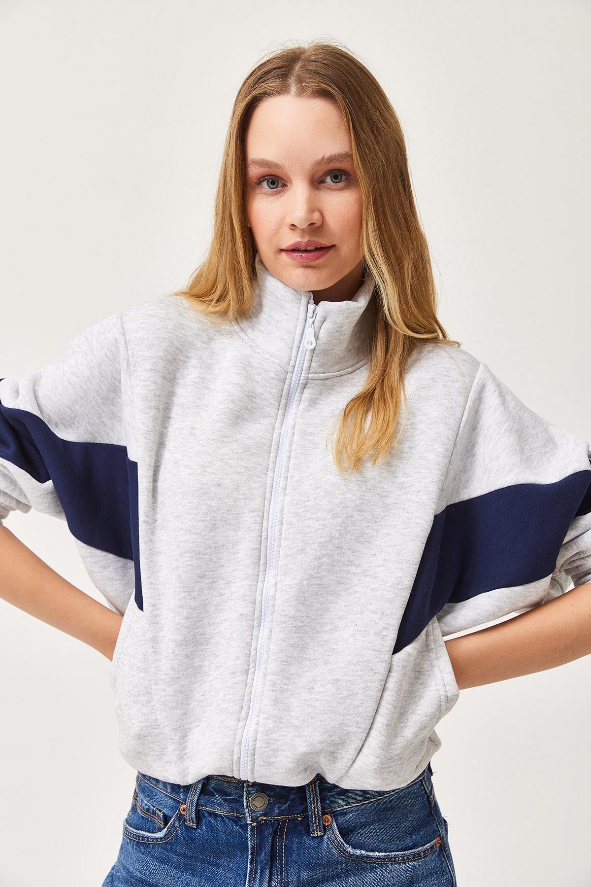 Oversize Fermuar Detaylı Garnili Sweatshirt Gri