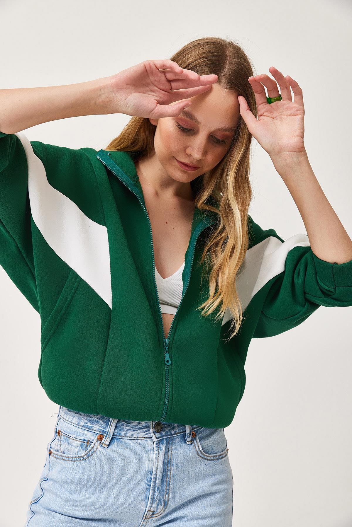 Oversize Fermuar Detaylı Garnili Sweatshirt Yeşil