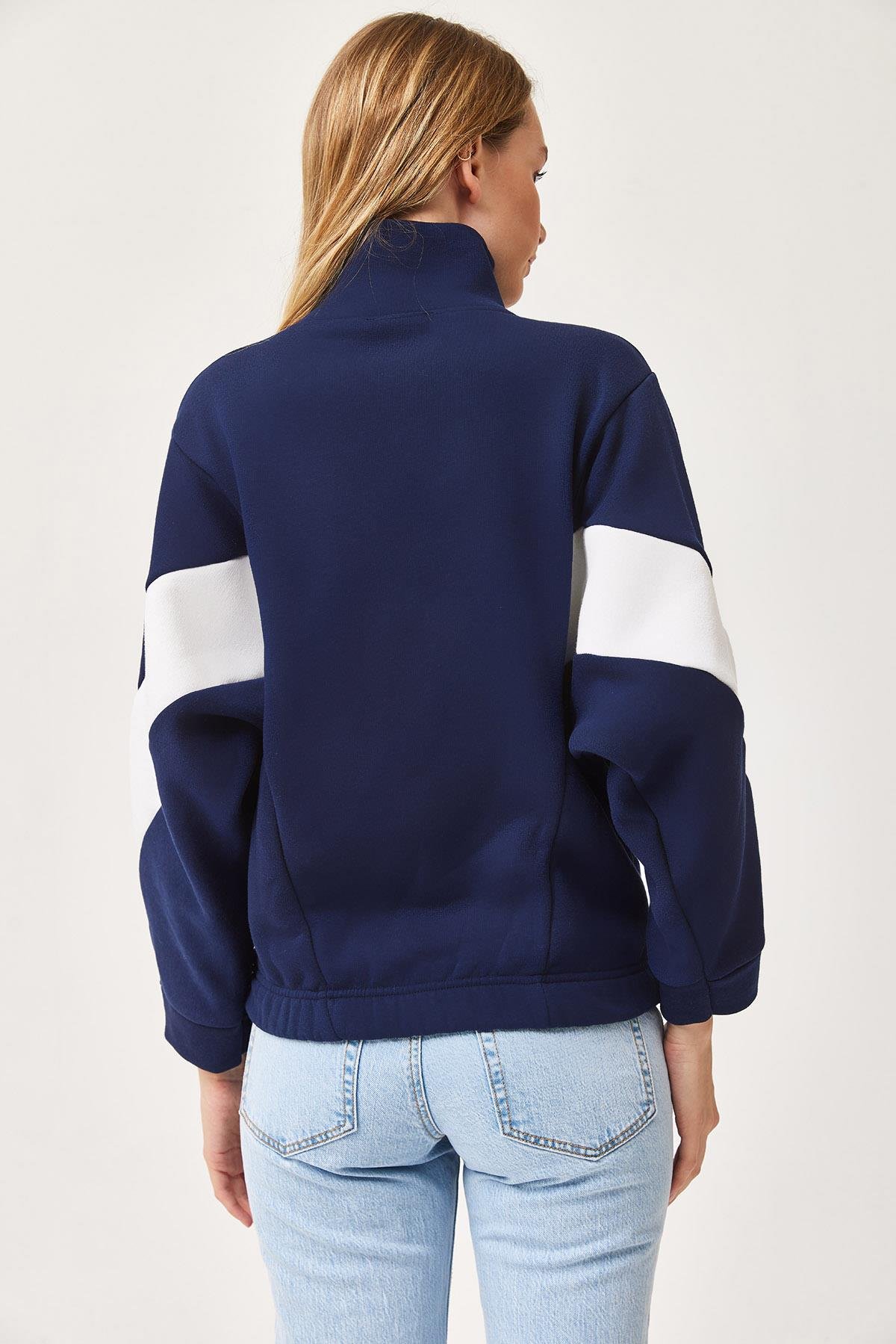 Oversize Fermuar Detaylı Garnili Sweatshirt Lacivert
